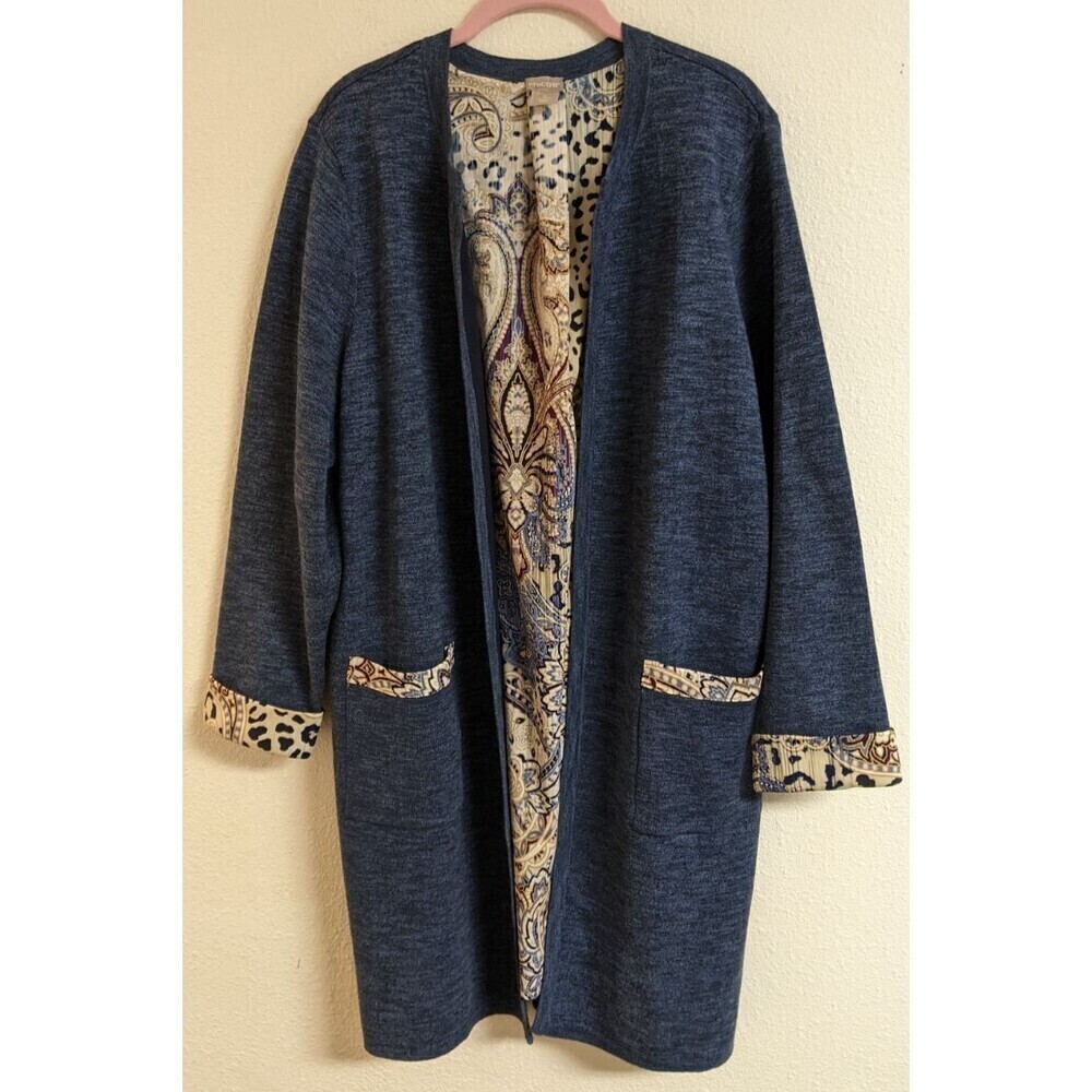 Women's CHICO'S Blue Knit Long Open Front Duster Jacket 3 or 14/16 Large